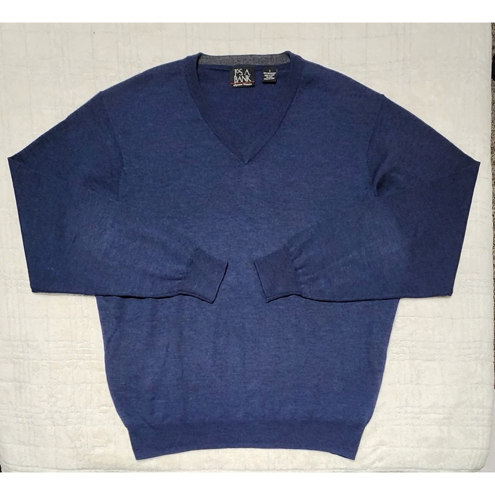 Jos A Bank Mens Sweater L‎ Blue Long Sleeve Merino Wool V Neck